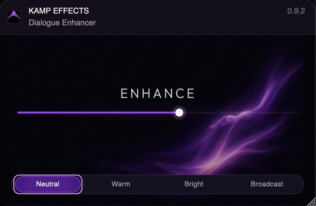 Dialogue Enhancer interface — Enhance slider and voice presets